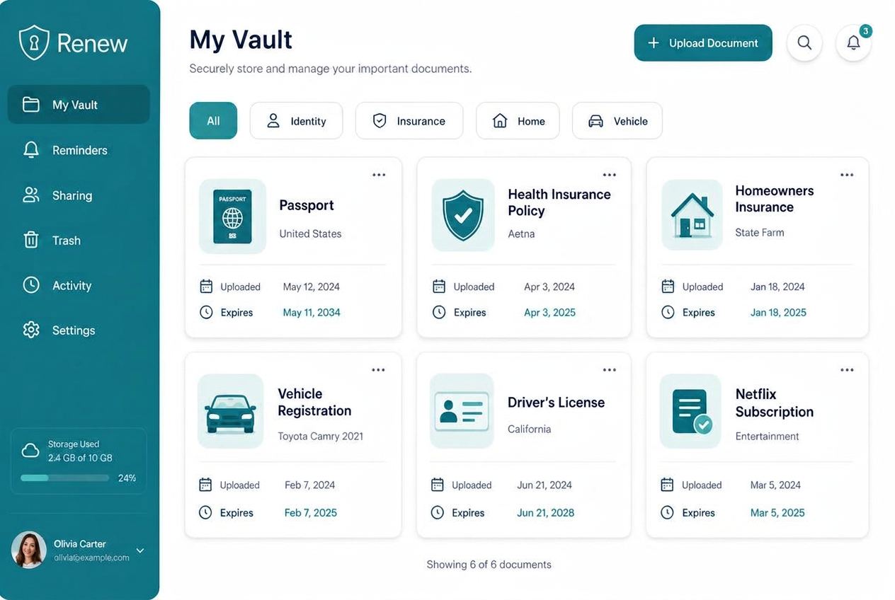 Renew vault showing categorized documents with expiration dates