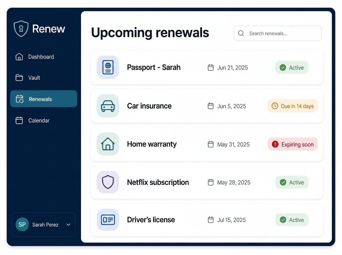 Renew app showing an upcoming renewals list with status pills